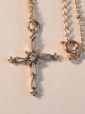 Gold Cross Pendant Necklace with Clear Crystal Accents - Women Jewelry